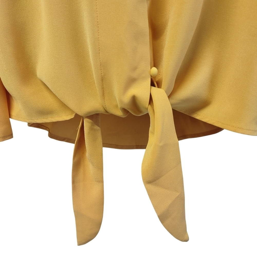 Women's Yellow V-neck Wide Sleeve Tie Hem Button Top Blouse Plus size 2XL - Picture 6 of 8